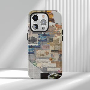 May include: A phone case with a collage design featuring vintage images, floral accents, and handwritten text. The case has a glossy finish and a neutral colour palette with hints of blue, beige, and brown.
