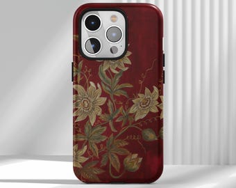 Custodia per telefono con fiori della passione bianchi su rosso intenso, custodia per telefono con fiori rossi vintage, iPhone 17 16 15 14 13 12 Air Pro Max Samsung S25 S24 S22 Ultra