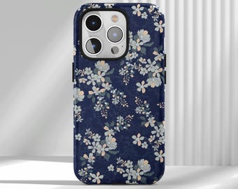 Custodia per telefono floreale pastello blu navy - Elegante custodia retrò compatibile con iPhone 17 16 15 14 13 12 Air Pro Max Samsung S25 S24 S22 Ultra