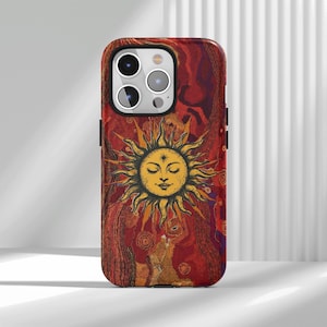 May include: A smartphone case featuring a central yellow sun illustration with a serene face and radiating beams. The background consists of a textured, deep red and orange abstract pattern with small circular motifs throughout the design.