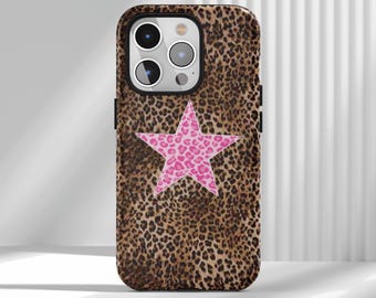 Funda para teléfono con estampado de guepardo, estrella rosa y leopardo para iPhone 17, 16, 15, 14, 13, 12, Air, Pro Max, Samsung S25, S24, S22 Ultra. Diseño moderno y a la moda.