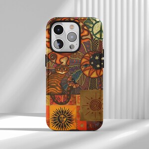 May include: A smartphone case featuring a vibrant collage of orange, yellow, and brown patterns. The design includes a striped cat, a sun with a face, a crescent moon with stars, and various geometric shapes, all arranged in a patchwork style.