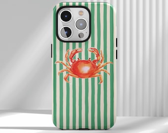 Striped Coastal Crab Phone Cases, Beachy Tropical Aesthetic Phone Case,For iPhone 17 16 15 14 13 12 Air Pro Max  Samsung S25 S24 S22 Ultra
