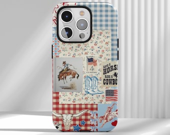 Custodia per telefono resistente vintage patriottica con estetica western americana, rodeo, compatibile con iPhone 17 16 15 14 13 12 Air Pro Max Samsung S22 Ultra