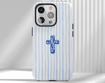 Custodia per telefono con croce a righe blu, custodia con croce floreale cristiana, custodia Coquette Faith per iPhone 17 16 15 14 13 12 Air Pro Max Samsung S25 S24 S22 Ultra