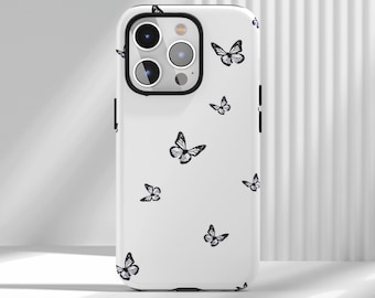 White & Black Butterfly Pattern Phone Case - Minimalist Elegant Cover, With iPhone 17 16 15 14 13 12 Air Pro Max  Samsung S25 S24 S22 Ultra