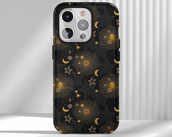 Starry Moon & Sun Design Phone Case, Celestial Phone Case, Compatible With iPhone 17 16 15 14 13 12 Air Pro Max Samsung S25 S24 S22 Ultra