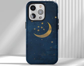 Custodia per telefono Blue Night Moon, design stelle e nuvole, compatibile con iPhone 17 16 15 14 13 12 Air Pro Max Samsung S25 S24 S22 Ultra