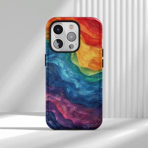 Vibrerande regnbågsfärgat vågigt telefonskal, skimrande estetik, abstrakt färgstil, för iPhone 17 16 15 14 13 12 Air Pro Max Samsung S22 Ultra