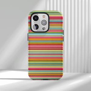 May include: A smartphone case featuring a repeating horizontal striped pattern in vibrant shades of lime green, hot pink, turquoise, orange, and muted brown. The case has a black camera cutout housing three circular lenses and a flash component.