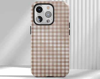 Brown Gingham Phone Case, Cute Girly Cover Trendy  Aesthetic Gift Idea for iPhone 17 16 15 14 13 12 Air Pro Max  Samsung S22 Ultra
