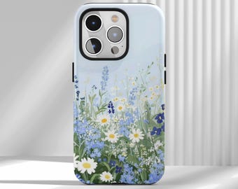 Custodia per telefono con fiori selvatici azzurri, fiori primaverili, margherite bianche, farfalle, iPhone 17 16 15 14 13 12 Air Pro Max Samsung S25 S24 S22 Ultra