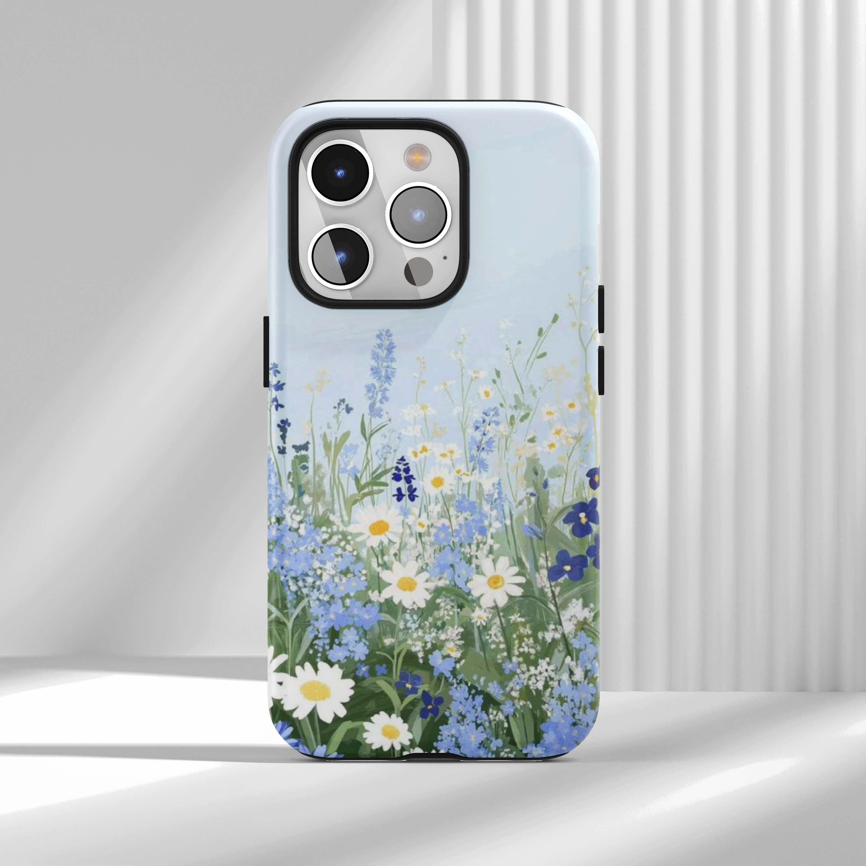 Light blue wildflowers Phone Case,Spring flowers,White daisies,Butterflies,iPhone 17 16 15 14 13 12 Air Pro Max  Samsung S25 S24 S22 Ultra