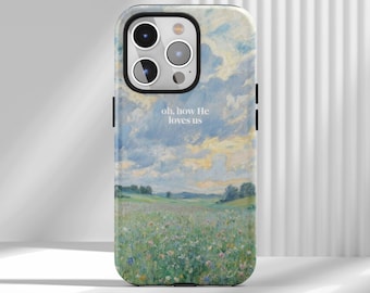 Pode incluir: Uma capa de smartphone com uma pintura a óleo impressionista de um prado verdejante cheio de flores silvestres sob um céu nublado azul e amarelo. O texto "oh, how He loves us" está impresso em branco no centro do design da capa.