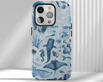 Custodia per telefono con motivo vita oceanica blu acquerello - Cover artistica costiera compatibile con iPhone 17 16 15 14 13 12 Air Pro Max Samsung S25 S24 S22 Ultra
