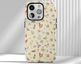 Custodia per telefono con motivo floreale di animali da fattoria, custodia per pollo e anatra in stile rustico, per iPhone 17, 16, 15, 14, 13, 12, Air Pro Max, Samsung S25, S24, S22 Ultra