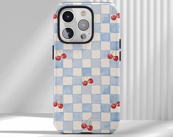 Custodia per telefono con stampa a scacchiera blu pastello e ciliegie - Custodia estetica dolce per iPhone 17 16 15 14 13 12 Air Pro Max Samsung S25 S24 S22 Ultra