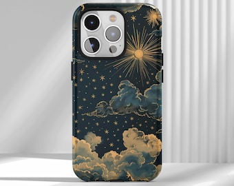 Capa para celular Lua Azul Noturna, Nuvens Escuras com Estrelas, Capa Aquarela Celestial para iPhone 17 16 15 14 13 12 Air Pro Max Samsung S25 S24 S22 Ultra