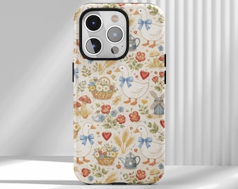 Cottagecore Goose with Blue Bow Case - Whimsical Farmhouse Floral Cover, iPhone 17 16 15 14 13 12 Air Pro Max  Samsung S25 S24 S22 Ultra