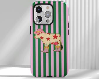 Cute Cow with Cowboy Hat Design Phone Case: striped design, Compatible With iPhone 17 16 15 14 13 12 Air Pro Max  Samsung S22 Ultra
