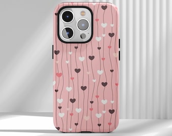 Pink Hearts Phone Case,Cute brown curve Stripes & Heart Patterns Design,for iPhone 17 16 15 14 13 12 Air Pro Max  Samsung S22 Ultra
