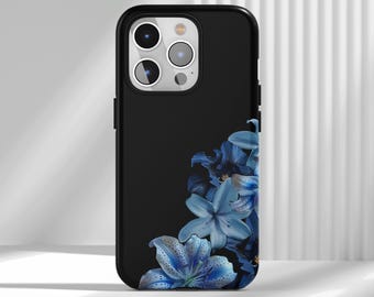 Dark Background Blue Lily Pattern Phone Case - Luxury Aesthetic Case For iPhone 17 16 15 14 13 12 Air Pro Max  Samsung S25 S24 S22 Ultra