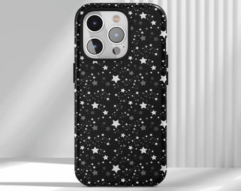 Capa para celular com estrelas brancas e cinzas, capa preta minimalista com estampa de estrelas, compatível com iPhone 17, 16, 15, 14, 13, 12, Air, Pro Max, Samsung S25, S24, S22 e Ultra.