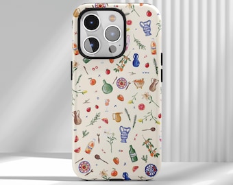 Whimsical Kitchenware & Fruit Print Case - Artistic Retro Protector, iPhone 17 16 15 14 13 12 Air Pro Max  Samsung S25 S24 S22 Ultra