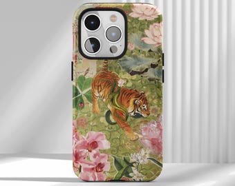Custodia per telefono Vintage Tiger & Lotus Collage - Cover floreale esotica compatibile con iPhone 17 16 15 14 13 12 Air Pro Max Samsung S22 Ultra