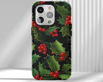 Christmas patterns Phone Cover,Dark green holly leaves,Bright red berries, iPhone 17 16 15 14 13 12 Air Pro Max  Samsung S25 S24 S22 Ultra