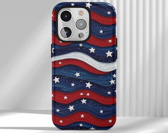Custodia per telefono con stelle ondulate rosse, bianche e blu, a righe astratte, estetica stravagante per iPhone 17 16 15 14 13 12 Air Pro Max Samsung S25 S24 S22 Ultra