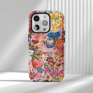May include: A colorful phone case featuring a collage of fruits, flowers, and cocktails. The design includes peaches, oranges, and the text "Hi. Sweet Thing". The case has a glossy finish and a black border.