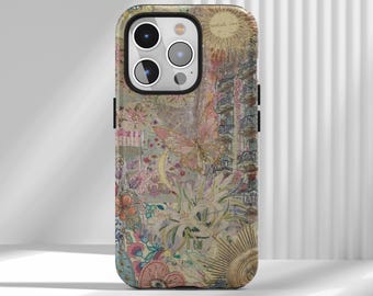 Custodia per telefono con collage floreale e farfalla retrò anni '70, artistica e romantica, adatta per iPhone 17, 16, 15, 14, 13, 12, Air Pro Max, Samsung S22 Ultra