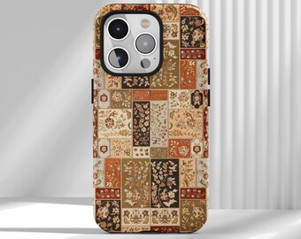 ヴィンテージフローラルパッチワーク携帯ケース、ボヘミアンキルトレトロ秋コテージコア、iPhone 17 16 15 14 13 12 Air Pro Max Samsung S25 S24 S22 Ultra