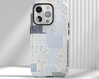 Grand Millennial Blau-Weiß Blumen Patchwork Collage Handytasche , für iPhone 17 16 15 14 13 12 Air Pro Max Samsung S22 Ultra