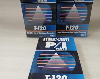 Bulk lot of 3 Maxell T-120 P/I Plus VHS Tapes w/ VCR Head Cleaner *NEW