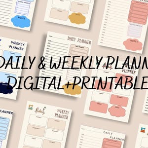 Peut inclure: Plusieurs pages de planificateurs quotidiens et hebdomadaires imprimables. Les pages présentent une palette de couleurs neutres avec des accents roses, bleus et jaunes. Le texte "Daily & Weekly Planner Digital + Printable" est affiché.