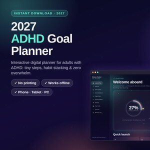 2027 ADHD Planner Digital, Interactive Goal Planner creative, Habit Tracker, Brain Dump, Weekly Review, Instant Download
