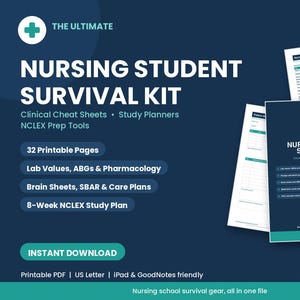 Puede incluir: Un kit de supervivencia digital para estudiantes de enfermería con 32 páginas imprimibles que incluyen hojas de referencia clínica, planificadores de estudio y herramientas de preparación NCLEX. Los documentos azul oscuro y verde azulado muestran valores de laboratorio, ABG, farmacología, hojas de cerebro, SBAR, planes de cuidado y un plan de estudio de 8 semanas en formato US Letter.