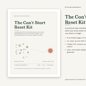 Op de afbeelding: De Can't Start Reset Kit is een digitale toolkit voor taakinitiatie met 16 printbare pagina's en 14 herbruikbare werkbladen. Het bevat US Letter- en A4-PDF's, invulbare versies en een printklaar formaat met een afbeelding van stippen die verbonden zijn met een aangevinkte cirkel.