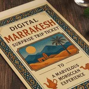 Könnte beinhalten: Ein digitales Überraschungs-Reiseticket für Marrakesch mit einer Wüstenlandschaftsillustration, einer Palme und einem Kamel. Das Ticket hat einen dekorativen Rand und den Text "Instant Download & Editable". Weitere Artikel sind Kompass, Glas, Datteln und Minze.