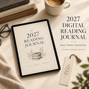 Puede incluir: Una tableta digital que muestra un diario de lectura de 2027 con una ilustración de libros apilados, acompañada de un marcapáginas con diseño de hojas, una taza de café y tres libros titulados The Daily Stoic, At Home With Books y A Life More Conscious.