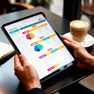 Puede incluir: Una persona sostiene una tableta que muestra un gráfico colorido con ilustraciones de cerebros y el texto "ADDIO Droop". Una taza de café con arte latte está cerca sobre una mesa. Un cuaderno y un bolígrafo también están sobre la mesa.