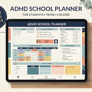 Puede incluir: Una tableta digital que muestra un planificador escolar para TDAH con secciones para hoy, prioridades, tareas, horario de clases, recordatorios y tiempo de estudio. La interfaz presenta una paleta de colores suaves con etiquetas y casillas.