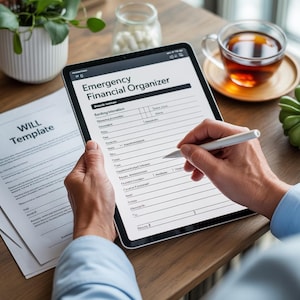 Puede incluir: Una persona usa un lápiz óptico para completar un formulario de "Emergency Financial Organizer" en una tableta. Un documento de "WILL Template" es visible. Una taza de té y una pequeña planta también están sobre la mesa de madera.