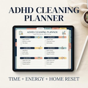 May include: A digital ADHD cleaning planner displayed on a tablet screen, featuring categorized cleaning tasks organized by time increments from 5 to 60 minutes, with checkboxes for tracking progress and a clean, structured layout for home management.