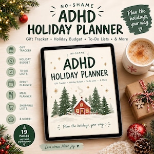 Puede incluir: Una tableta digital que muestra un planificador de vacaciones para TDAH de 19 páginas con una portada que presenta una cabaña roja en un bosque nevado. La pantalla muestra el texto No-Shame ADHD Holiday Planner, Gift Tracker, Holiday Budget.