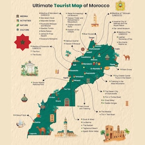 Op de afbeelding: Een gedetailleerde toeristenkaart van Marokko, met belangrijke steden en attracties. De kaart bevat illustraties van bezienswaardigheden, pictogrammen voor activiteiten, natuur en cultuur, en de tekst "Ultimate Tourist Map of Morocco."