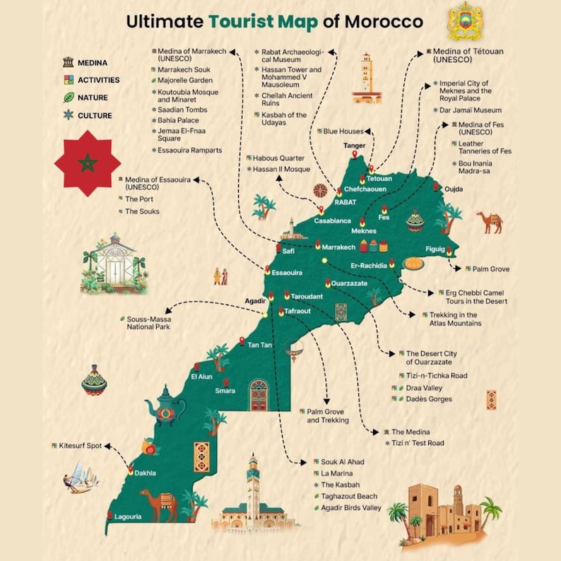 Op de afbeelding: Een gedetailleerde toeristenkaart van Marokko, met belangrijke steden en attracties. De kaart bevat illustraties van bezienswaardigheden, pictogrammen voor activiteiten, natuur en cultuur, en de tekst "Ultimate Tourist Map of Morocco."