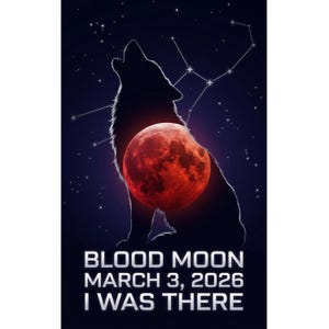 Puede incluir: Gráfico azul oscuro con la silueta de un lobo aullando y una luna de sangre roja. Se ven líneas de constelaciones y estrellas en el fondo. El texto en la parte inferior dice "BLOOD MOON MARCH 3, 2026 I WAS THERE."